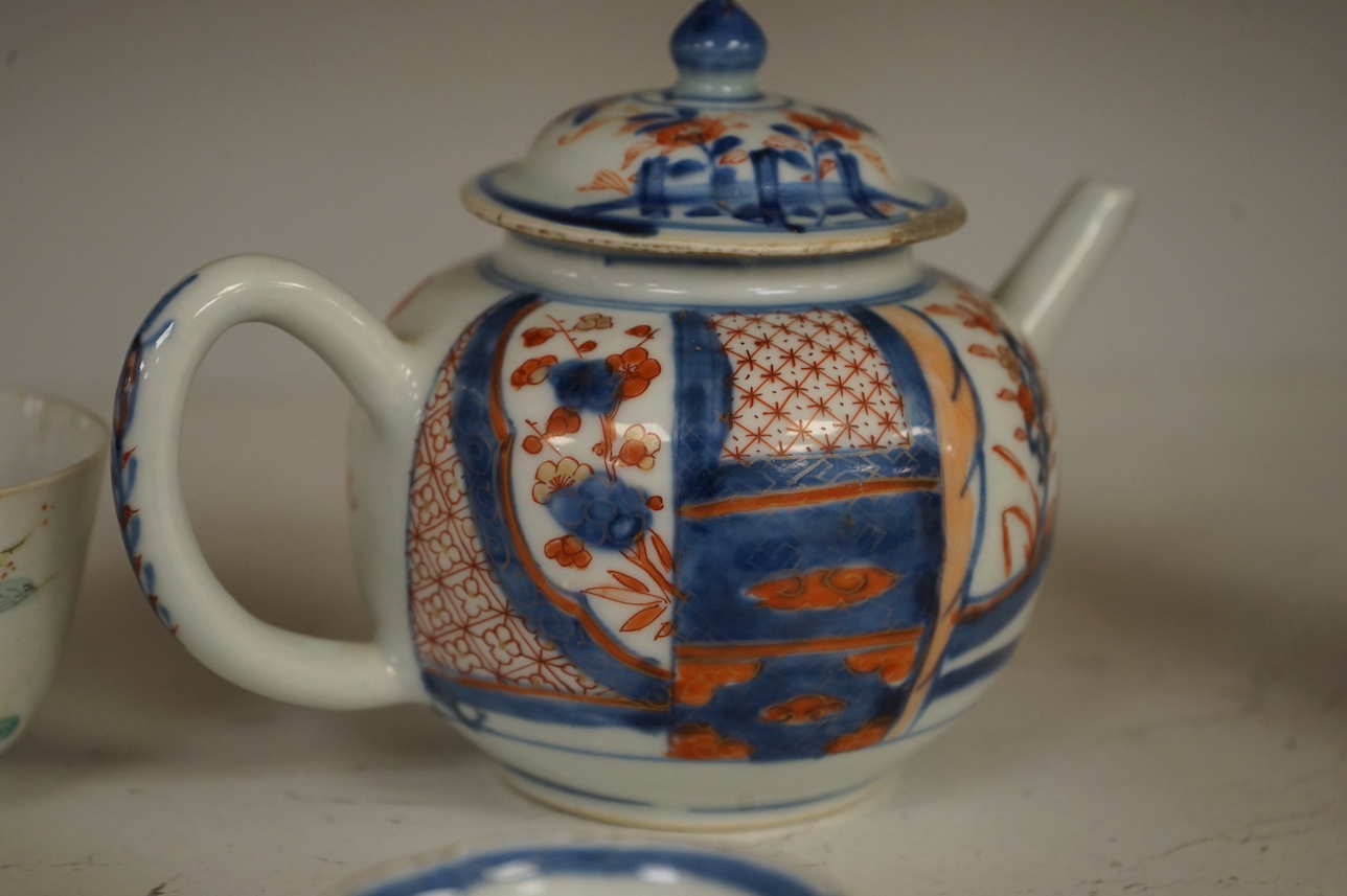 An 18th century Chinese Imari teapot and cover, a similar teabowl, four early 20th century Chinese porcelain cups and a bowl, tallest 12cm. Condition - varies